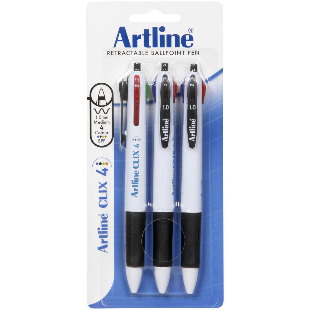 Artline Clix 4 Colour Retractable Ballpoint Pen 3 Pack