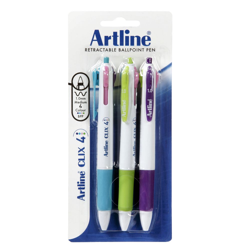 Artline Clix 4 Colour Ballpoint Pen Bright 3 Pack