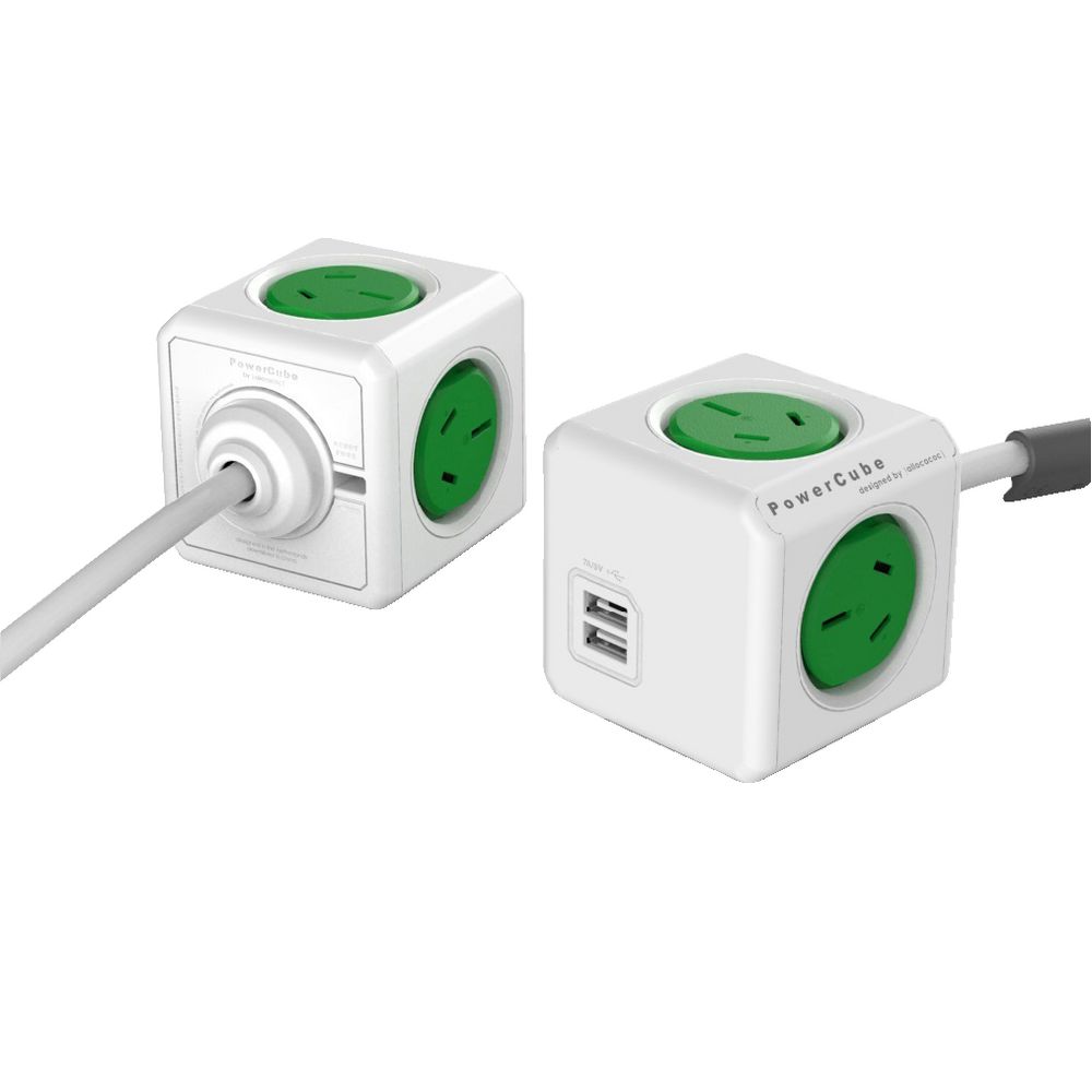 Allocacoc PowerCube 4 Power Outlet and 2 USB Ports 1.5m Green