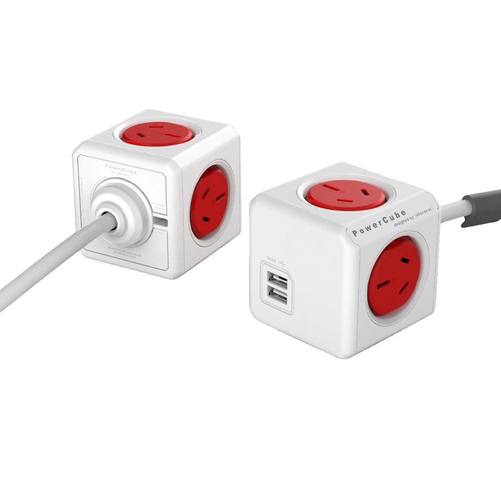 Allocacoc PowerCube 4 Power Outlet and 2 USB Ports 1.5m Red