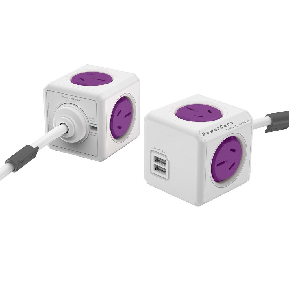 Allocacoc PowerCube 4 Power Outlet and 2 USB Port 1.5m Purple