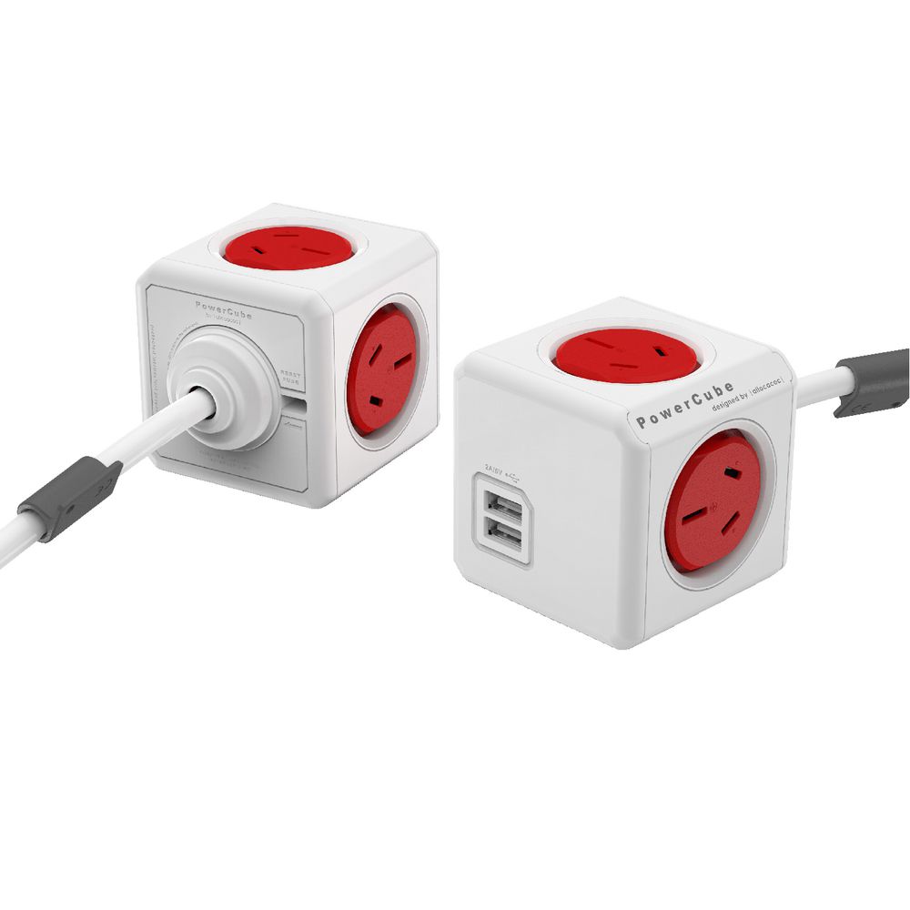 Allocacoc PowerCube 4 Power Outlet and 2 USB Ports 3m Red