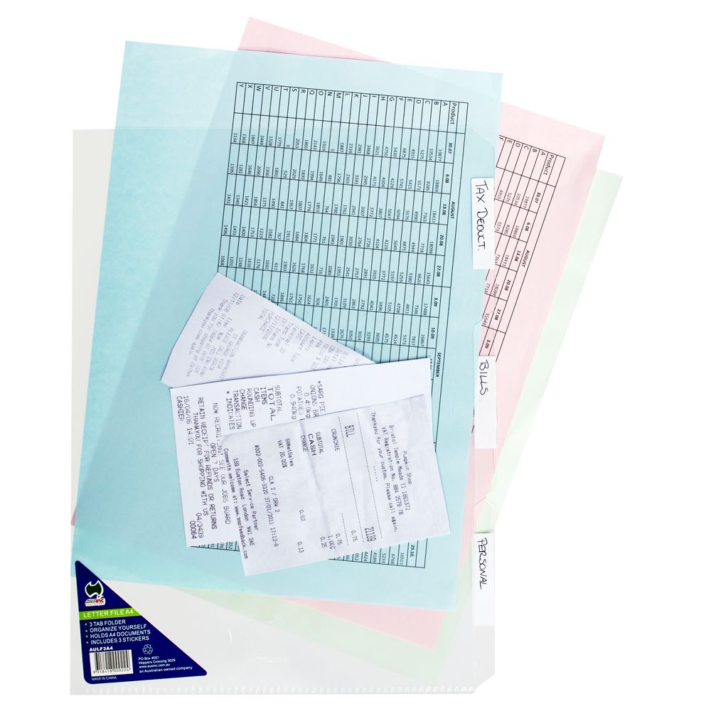 AusInc A4 Letter File with 3 Tabs Clear