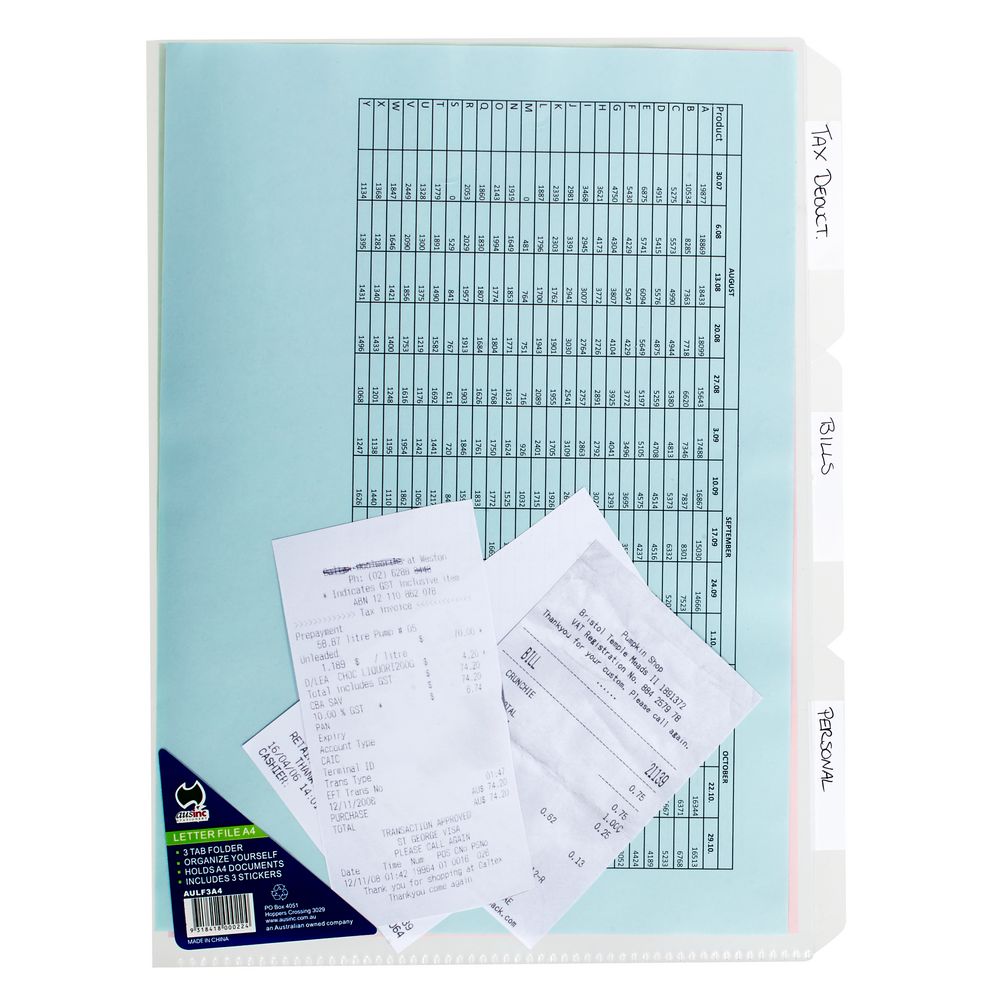 AusInc A4 Letter File with 3 Tabs Clear