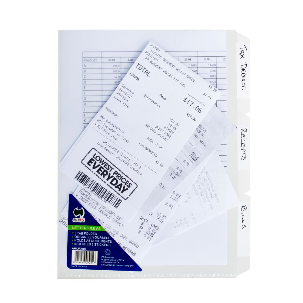 AusInc A5 Letter File with 3 Tabs Clear