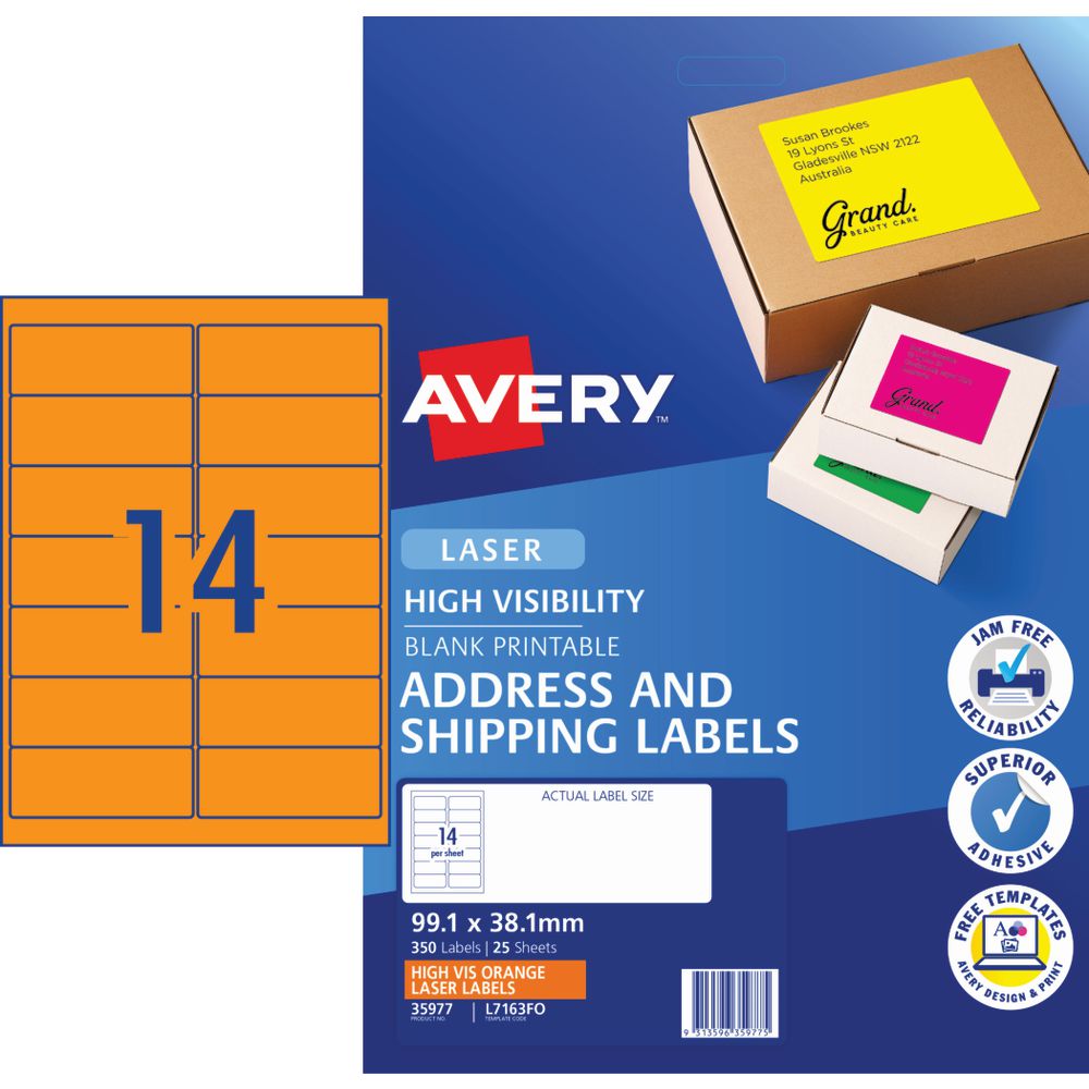 Avery Signalling Labels Fluro Orange 25 Sheets 14 Per Page