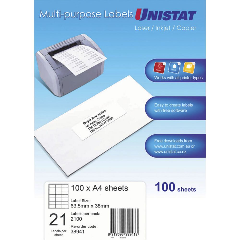 Unistat Printable Labels 100 Sheets 21 Per Page