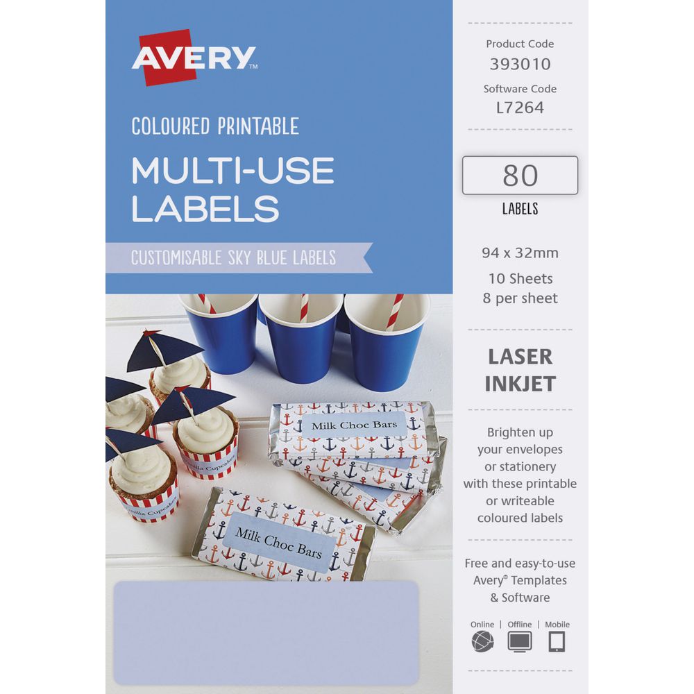 Avery Rectangle Labels 94 x 32mm Sky Blue 80 Pack