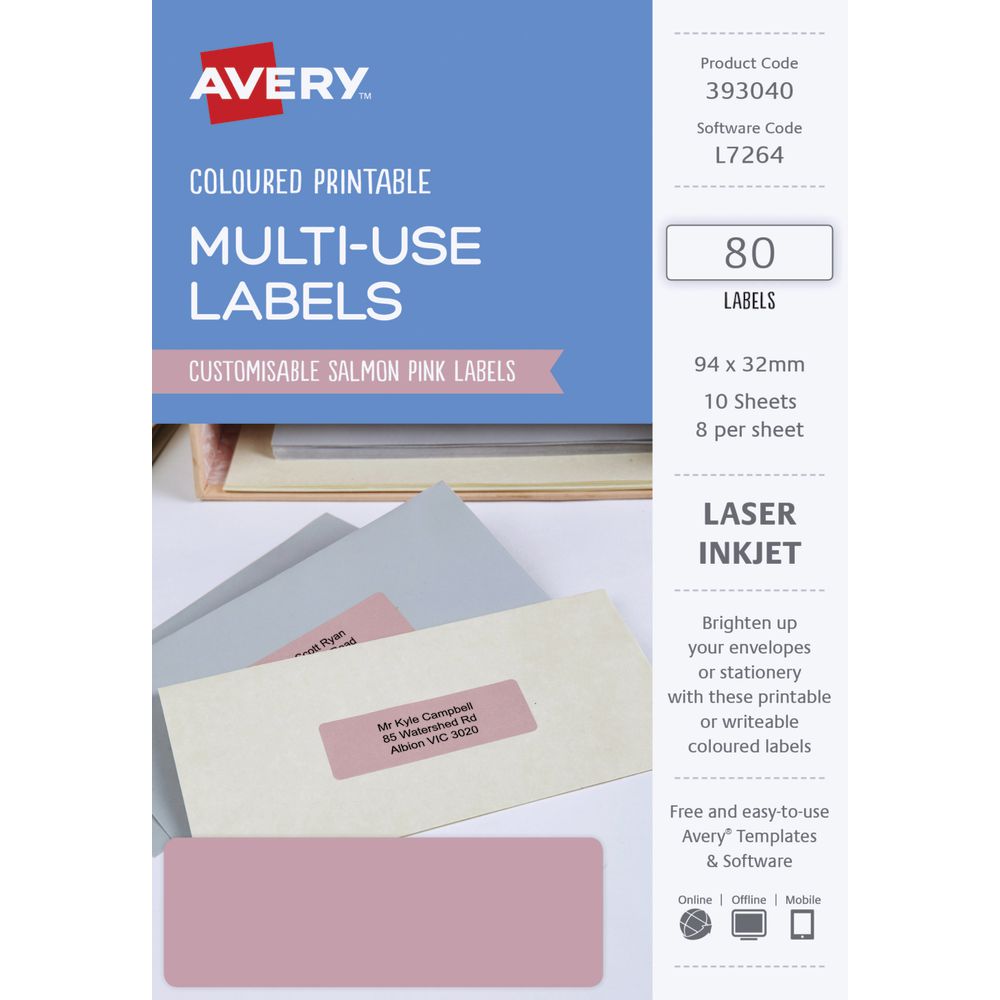Avery Rectangle Labels 94 x 32mm Salmon Pink 80 Pack