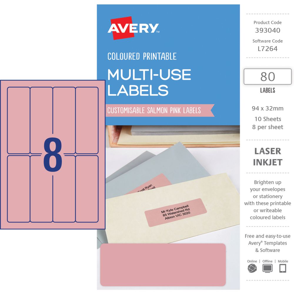 Avery Rectangle Labels 94 x 32mm Salmon Pink 80 Pack