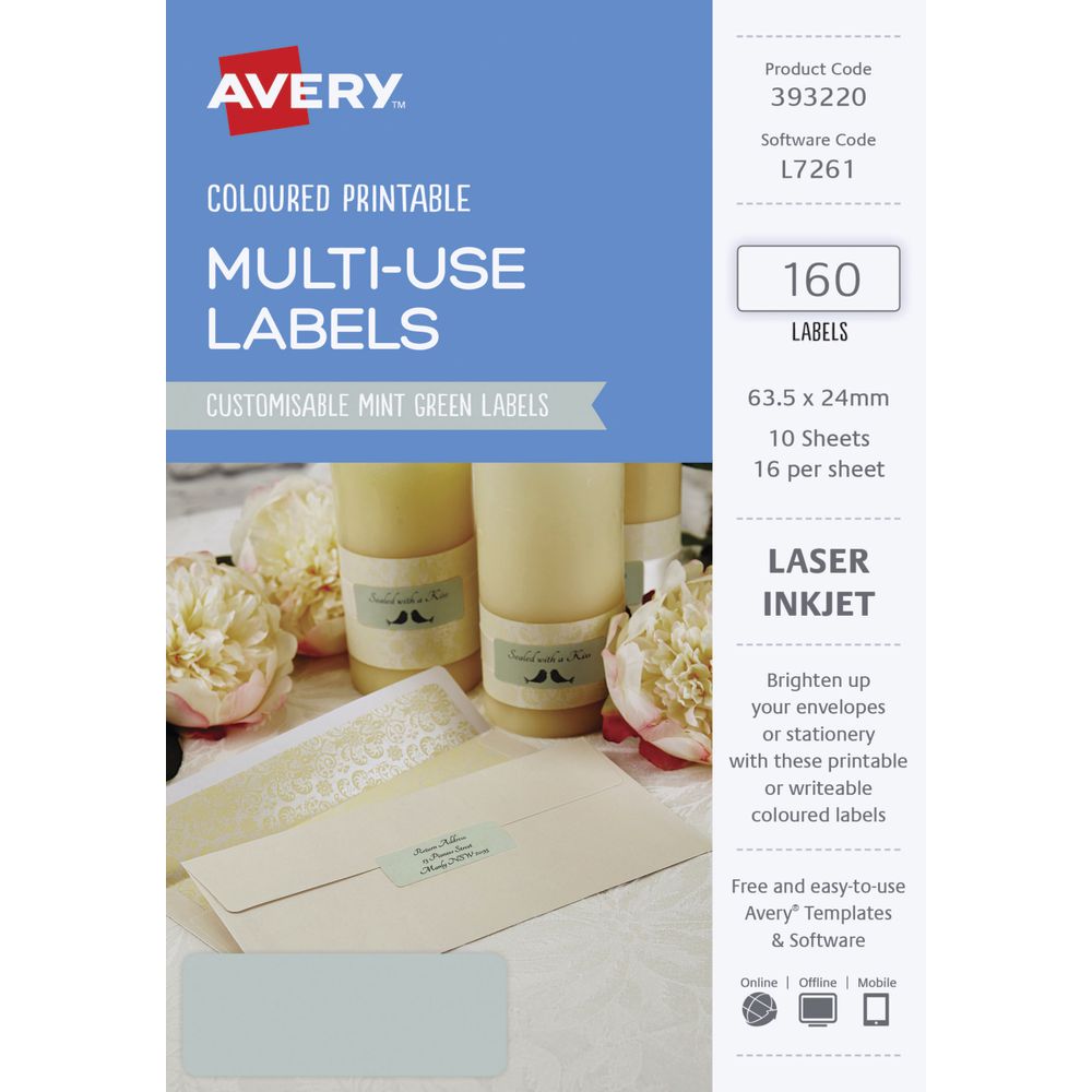 Avery Rectangle Labels 63.5 x 24mm Mint Green 160 Pack