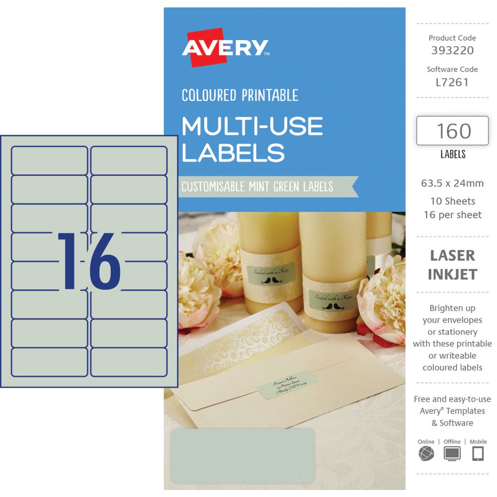 Avery Rectangle Labels 63.5 x 24mm Mint Green 160 Pack