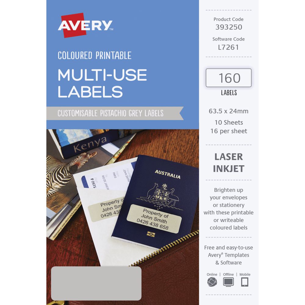 Avery Rectangle Labels 63.5 x 24mm Pistachio Grey 160 Pack