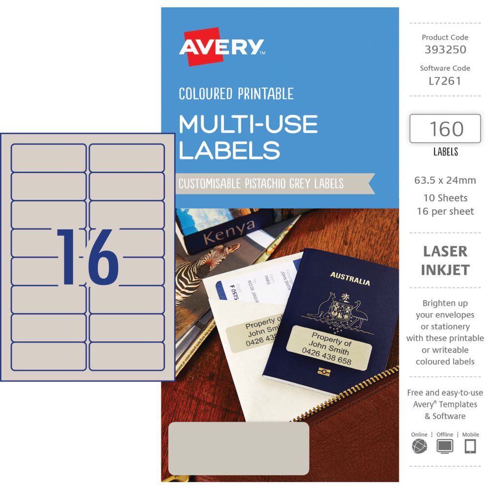 Avery Rectangle Labels 63.5 x 24mm Pistachio Grey 160 Pack