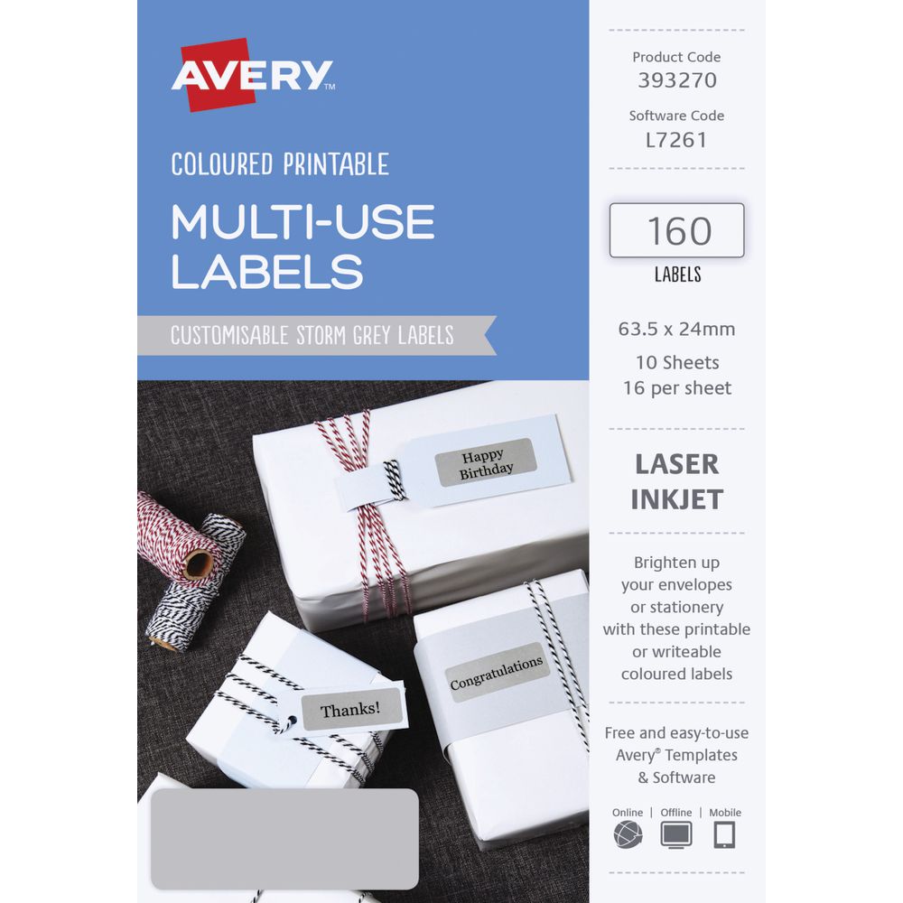 Avery Rectangle Labels 63.5 x 24mm Storm Grey 160 Pack