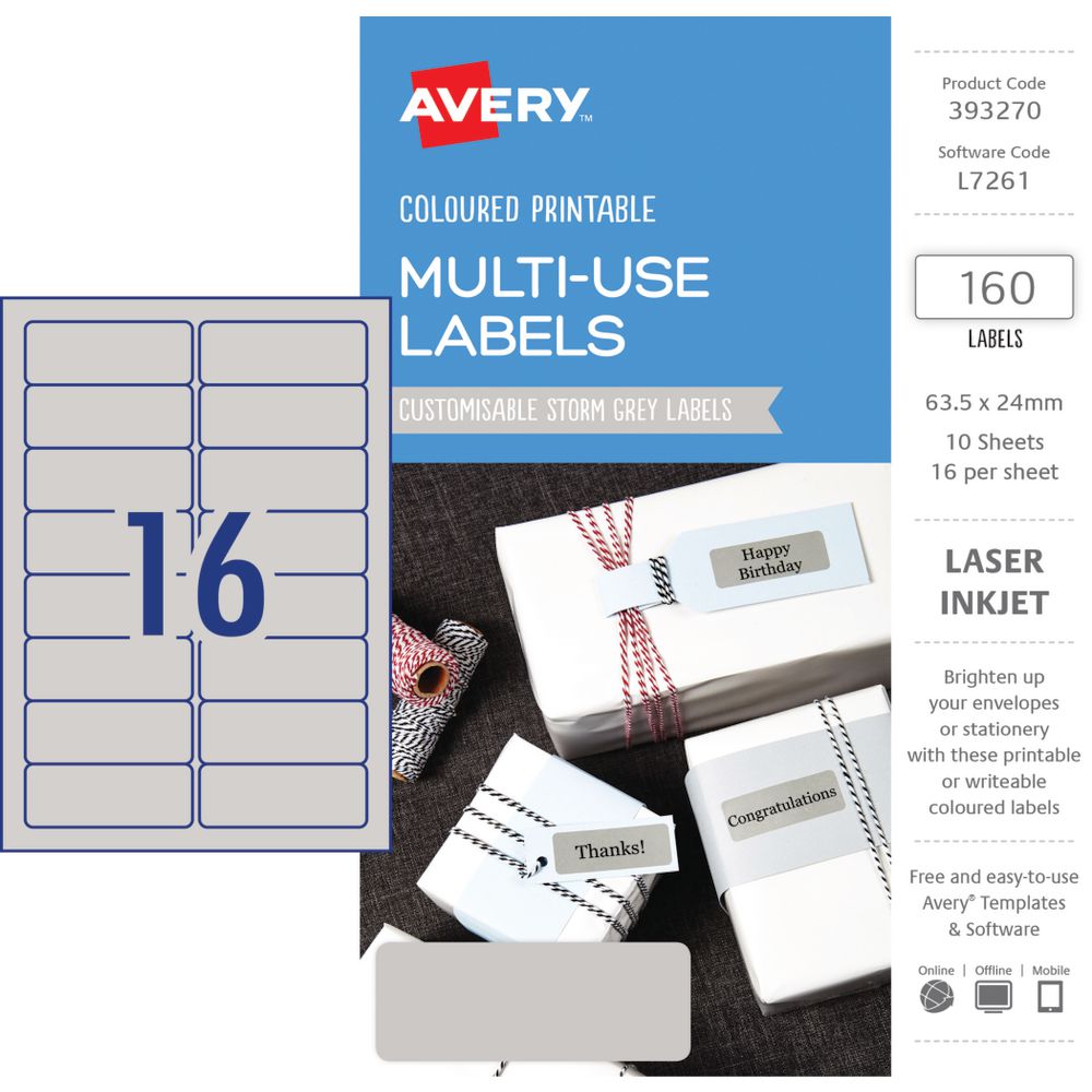 Avery Rectangle Labels 63.5 x 24mm Storm Grey 160 Pack