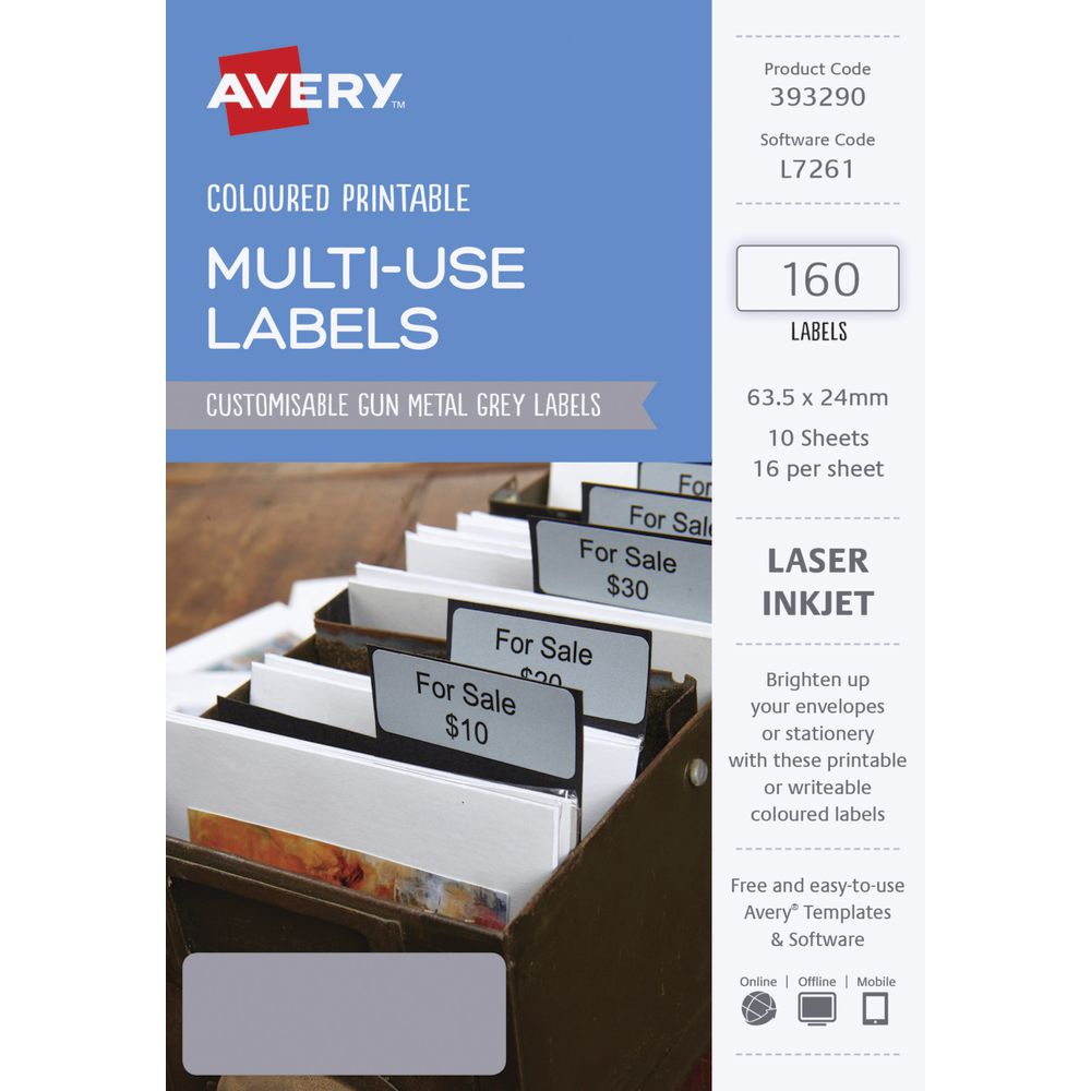 Avery Rectangle Labels 63.5 x 24mm Gun Metal Grey 160 Pack