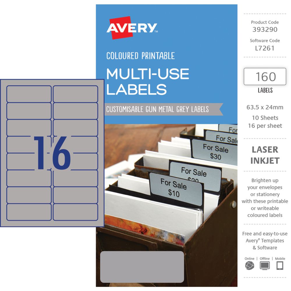 Avery Rectangle Labels 63.5 x 24mm Gun Metal Grey 160 Pack
