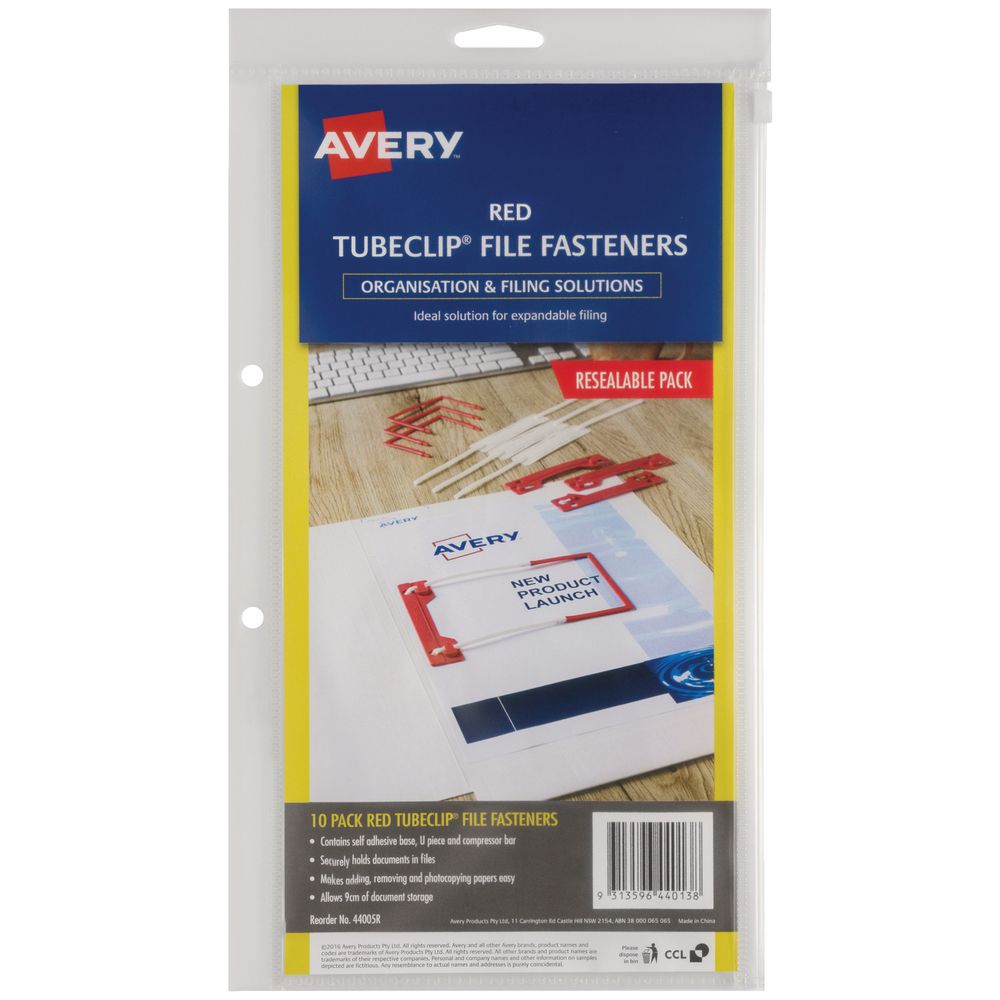 Avery Tubeclip Fastener Red 10 Pack