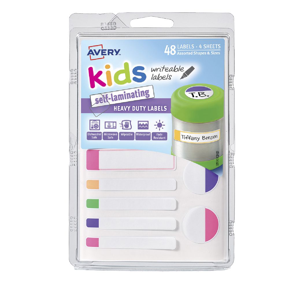 Avery Self-Laminating Kids Labels Assorted Fluoro 48 Pack