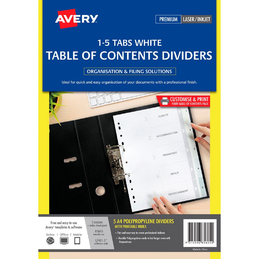 Avery A4 Polypropylene Divider 1-5 Tab White