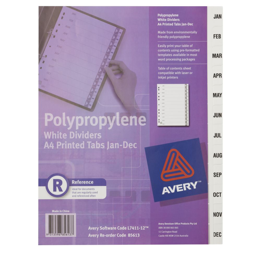 Avery Polypropylene A4 Printed Tabs Dividers Jan - Dec White