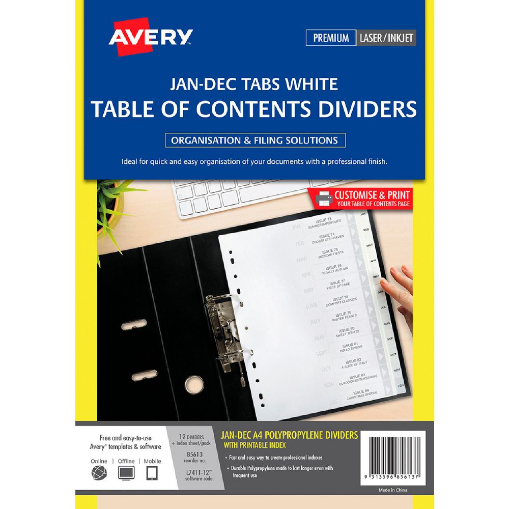Avery Polypropylene A4 Printed Tabs Dividers Jan - Dec White