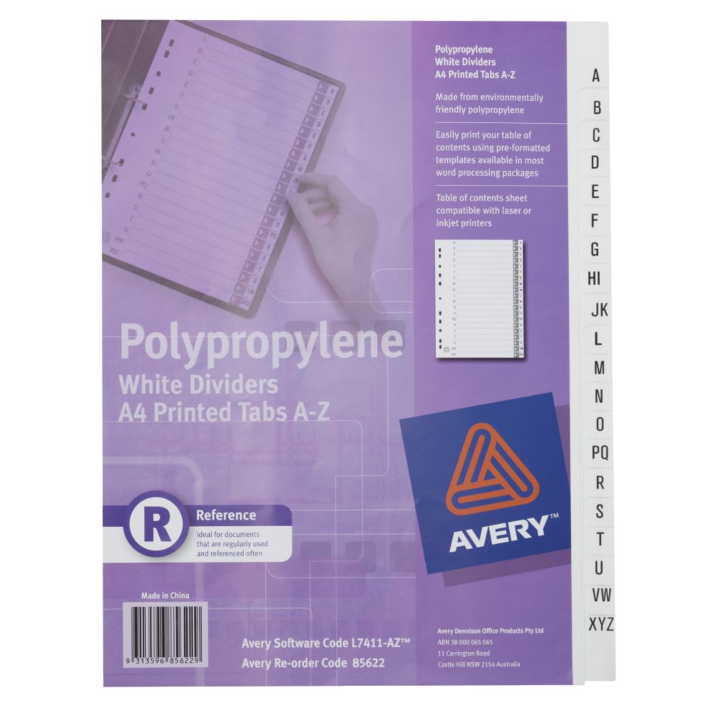 Avery Polypropylene A4 Printed Tabs Dividers A - Z White