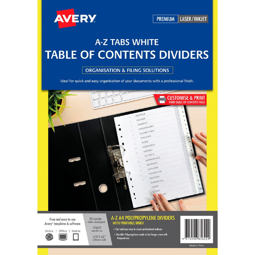 Avery Polypropylene A4 Printed Tabs Dividers A - Z White