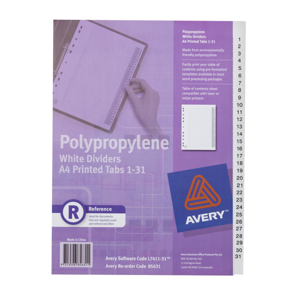 Avery Polypropylene A4 Printed Tabs Dividers 1 -31 White