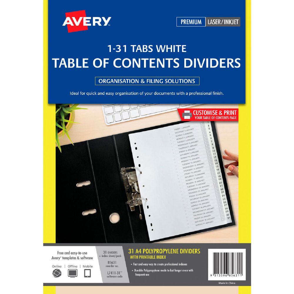 Avery Polypropylene A4 Printed Tabs Dividers 1 -31 White