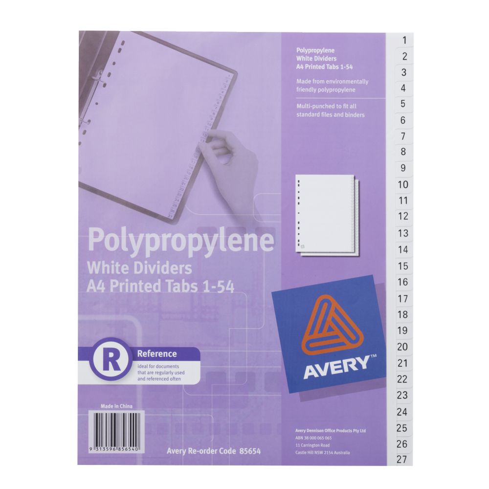 Avery Polypropylene A4 Printed Tabs Dividers 1 -54 White