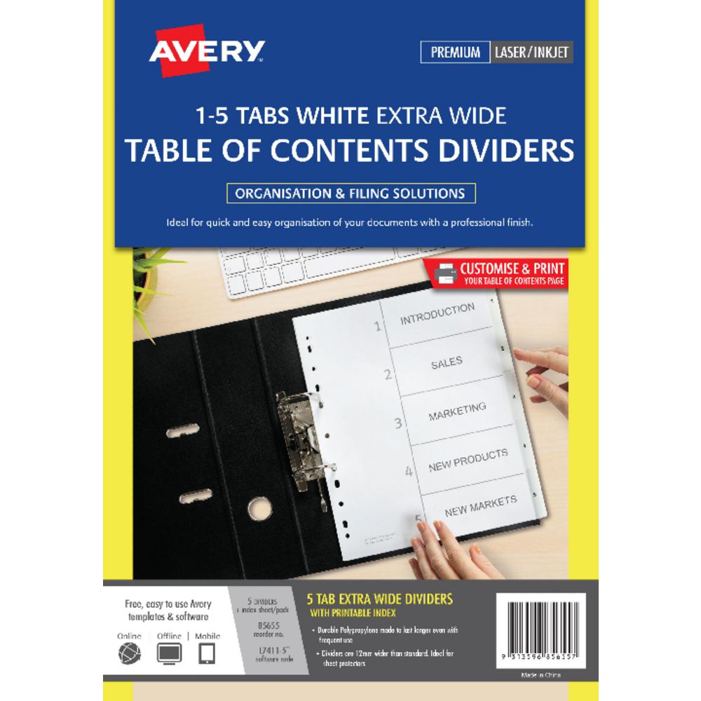 Avery A4 Extra Wide Polypropylene Divider 1-5 Tab White