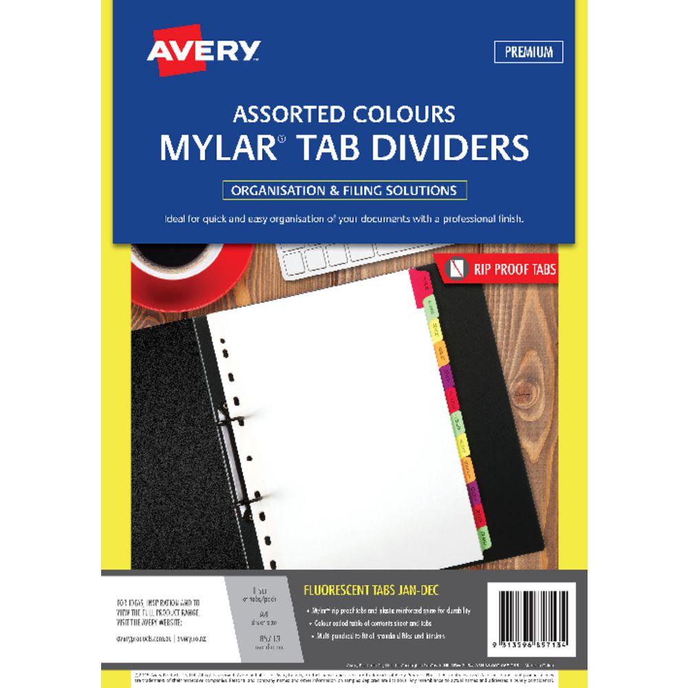 Avery A4 Rip-Proof Tab Dividers with Fluro Tabs Jan-Dec