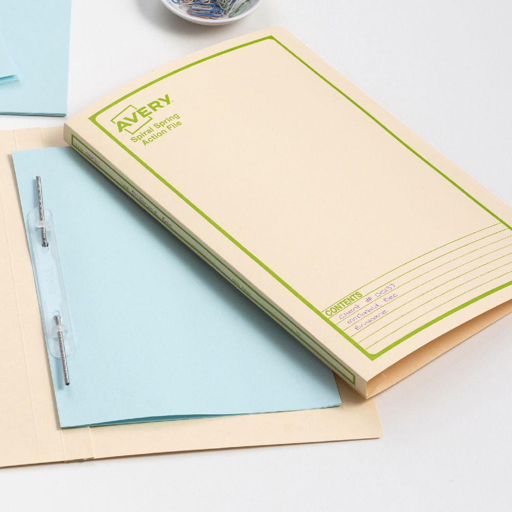 Avery Foolscap Spiral Spring File Buff with Green Print