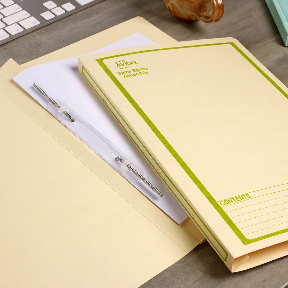Avery Foolscap Spiral Spring File Buff with Green Print