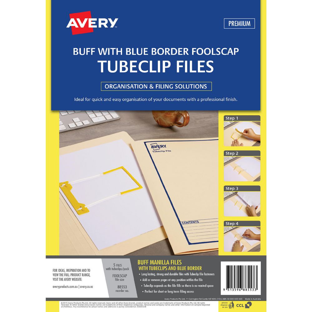 Avery Foolscap Tubeclip Files Buff with Navy Border 5 Pack
