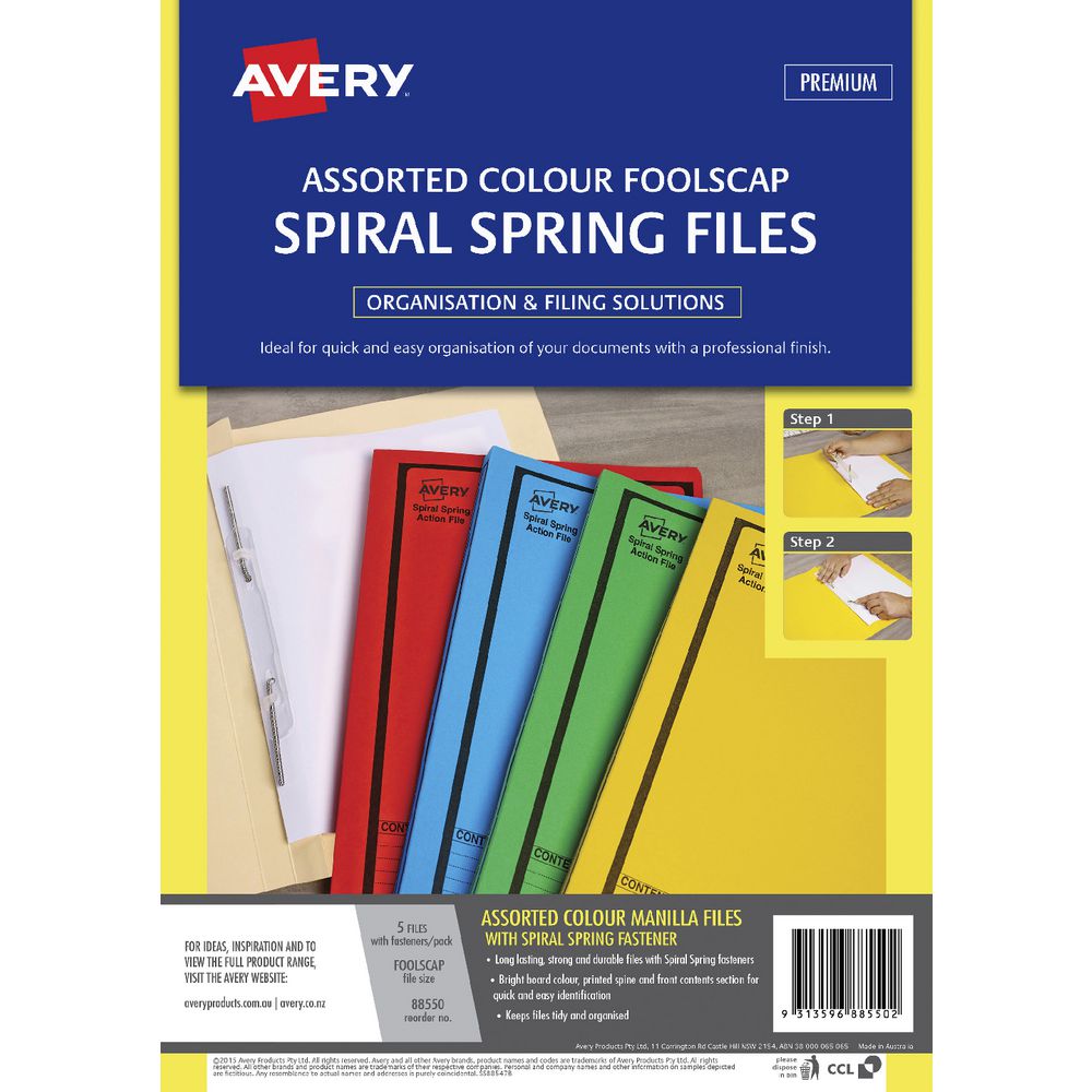 Avery Foolscap Spiral Spring Files Assorted 5 Pack