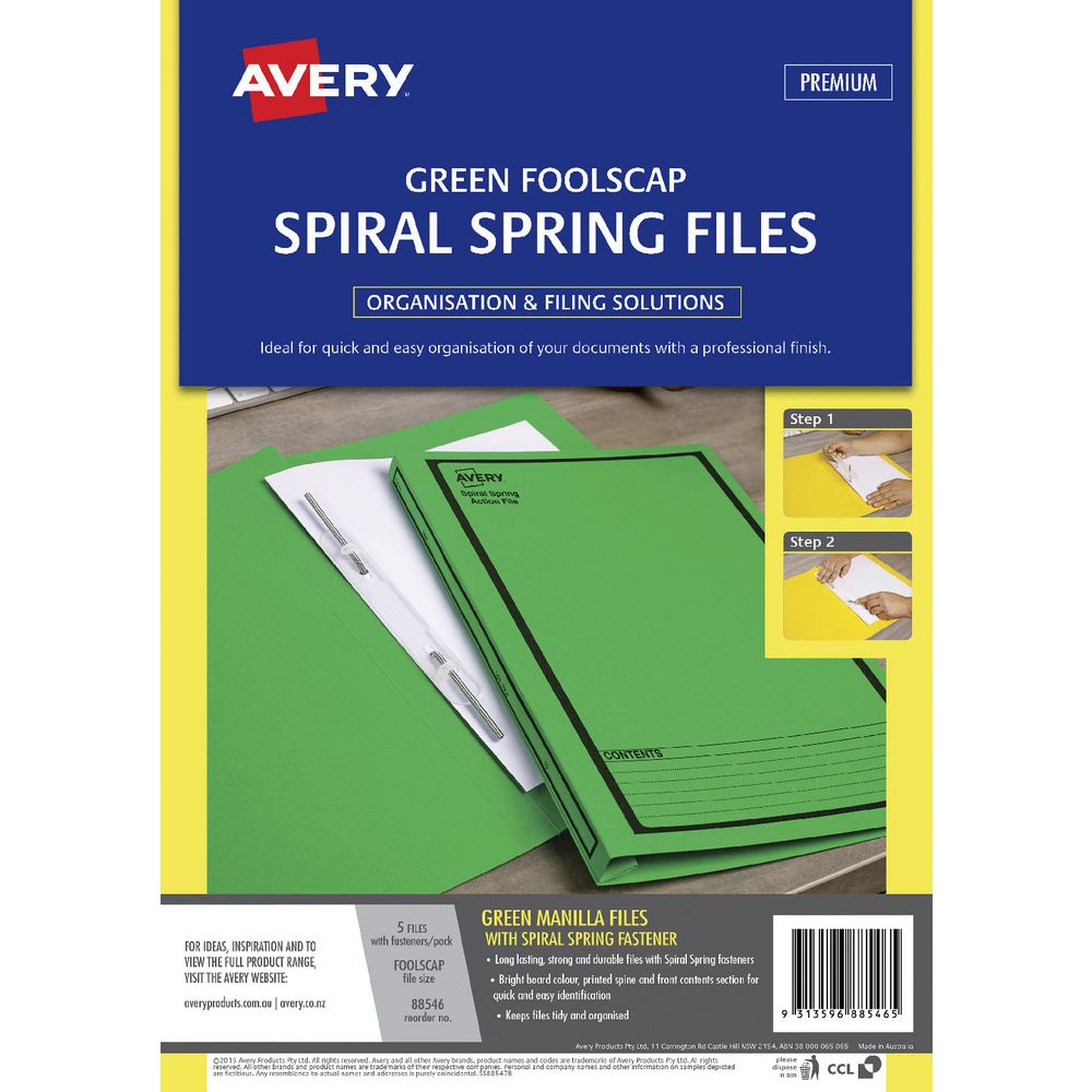 Avery Foolscap Spiral Spring Files Green 5 Pack