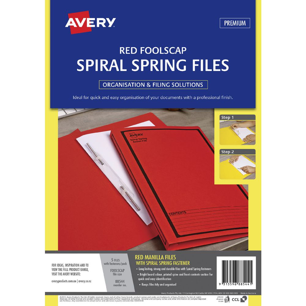 Avery Foolscap Spiral Spring Files Red 5 Pack