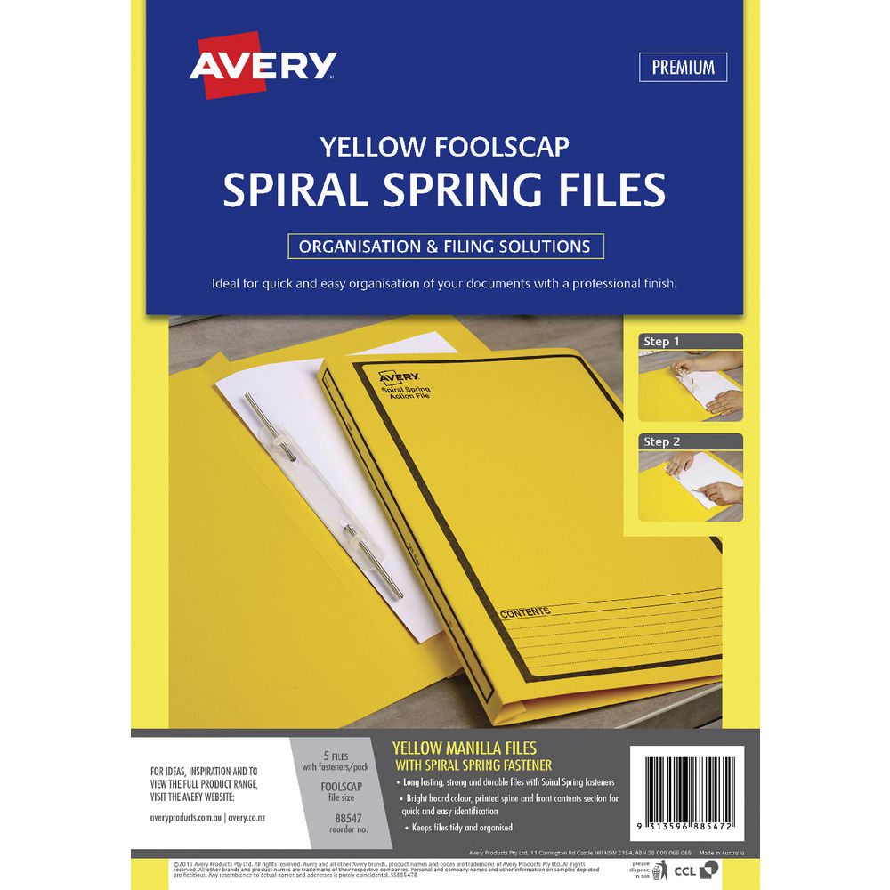 Avery Foolscap Spiral Spring Files Yellow 5 Pack