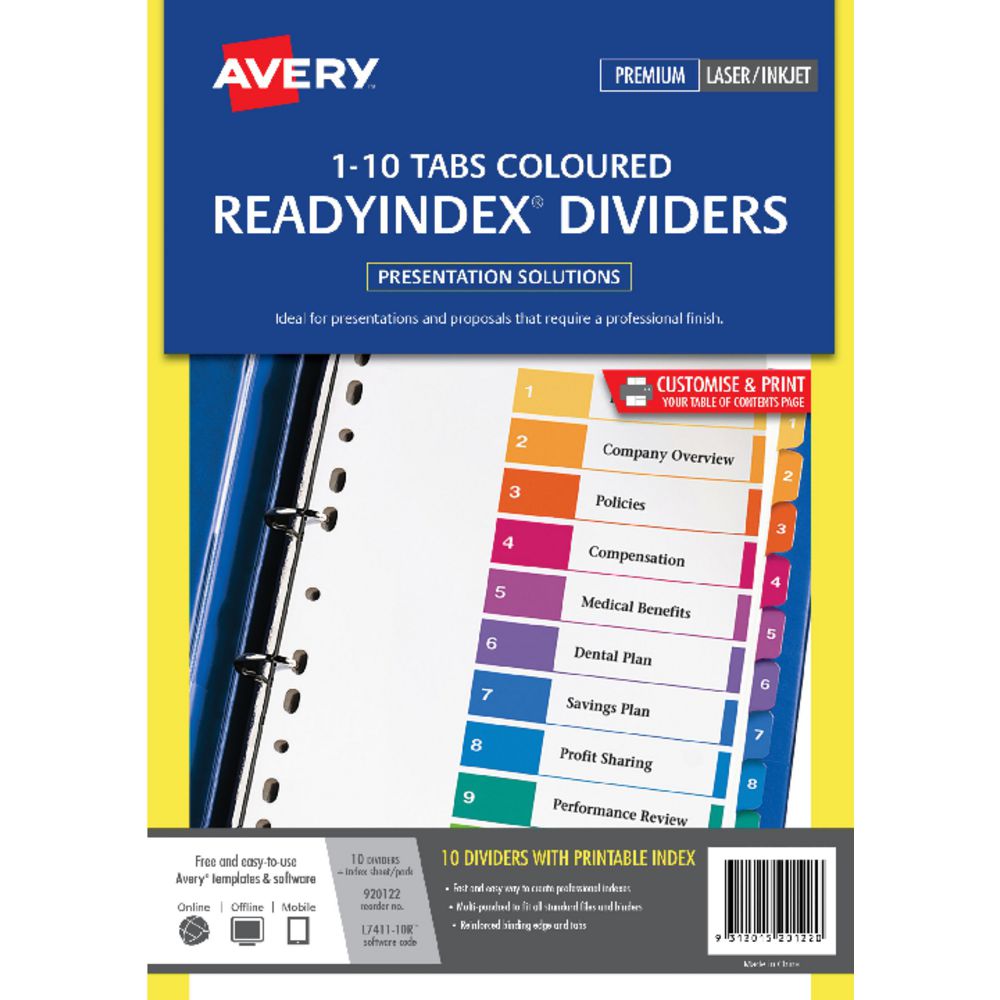 Avery Manilla Table of Contents Dividers with 10 Tabs