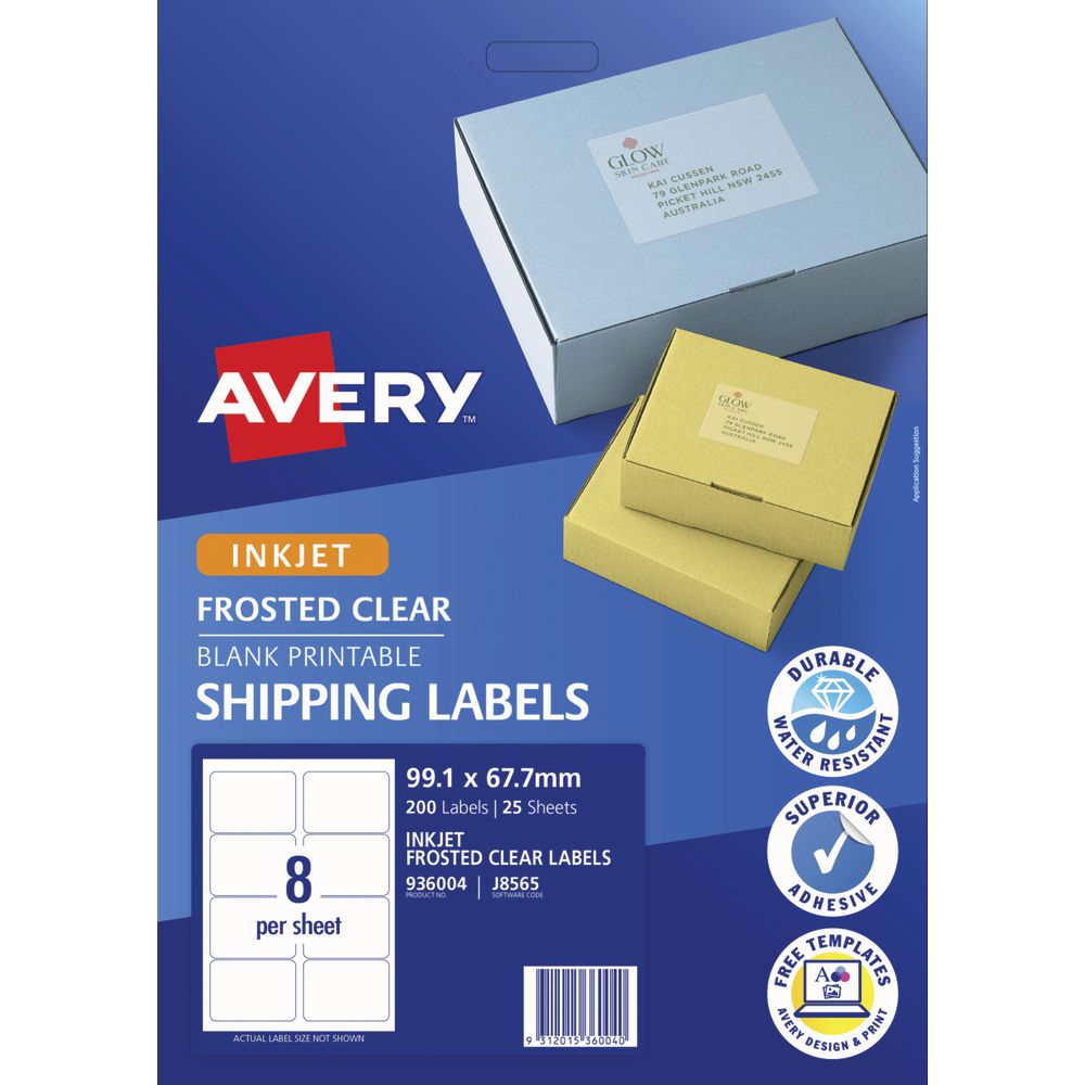 Avery Inkjet Shipping Labels Clear 25 Sheets 8 Per Page