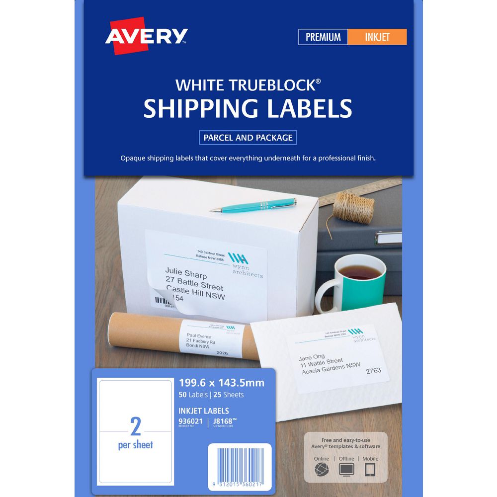 Avery Shipping Labels White 2UP 25 Sheet