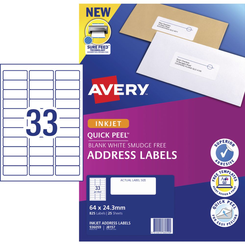 Avery 33up Inkjet Labels White 64 X 24 3mm 25 Pack Officeworks