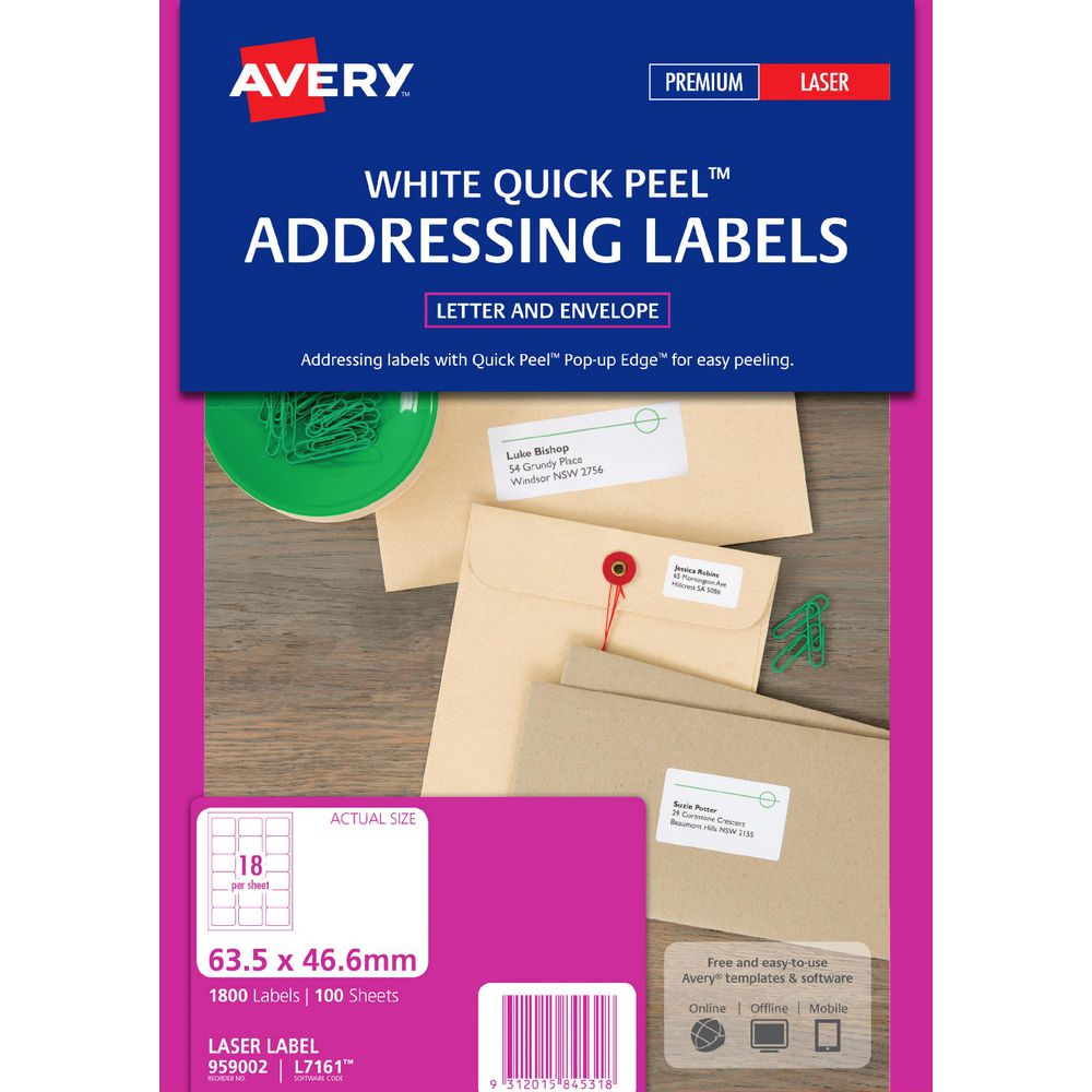 Avery Laser Address Labels White 100 Sheets 18 Per Page