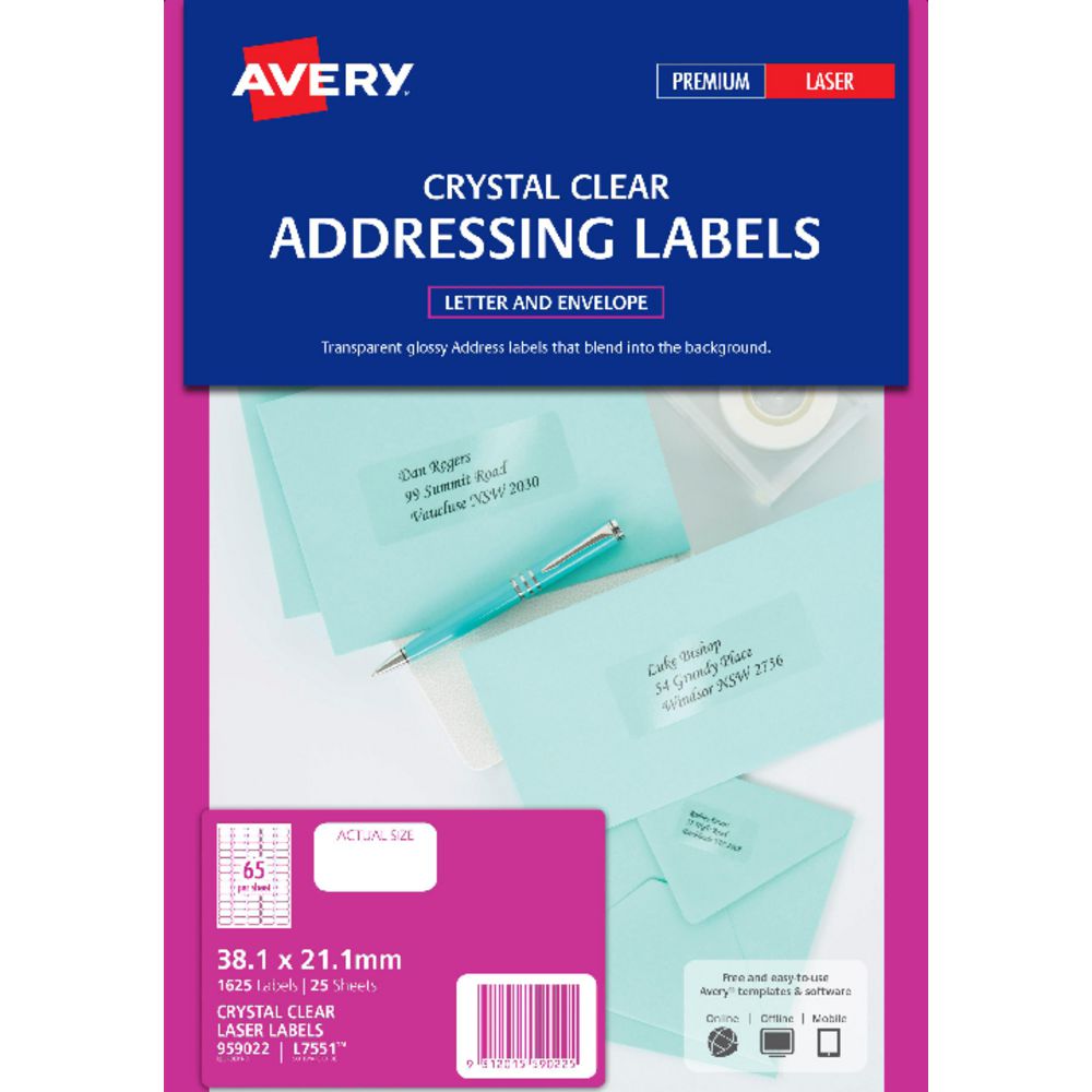 Avery Laser Address Labels Clear 25 Sheets 65 Per Page