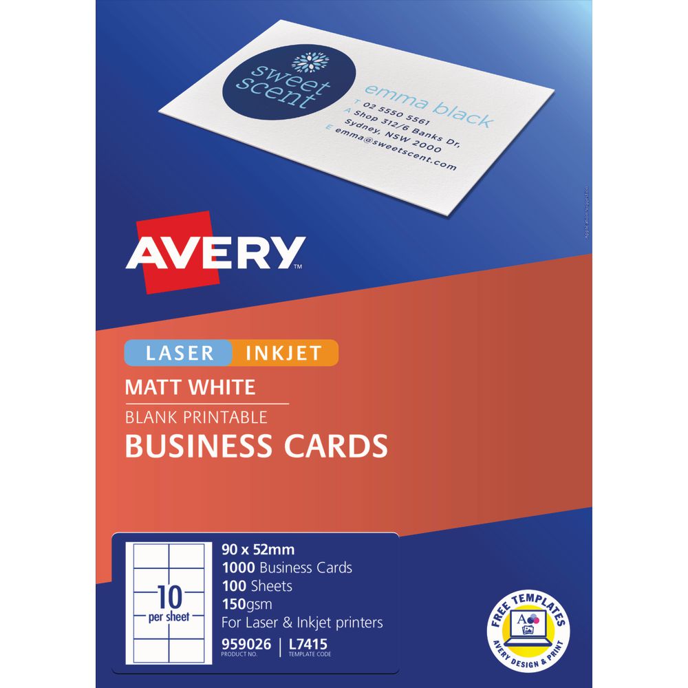Avery Business Cards Matt White 100 Sheets 10 Per Page