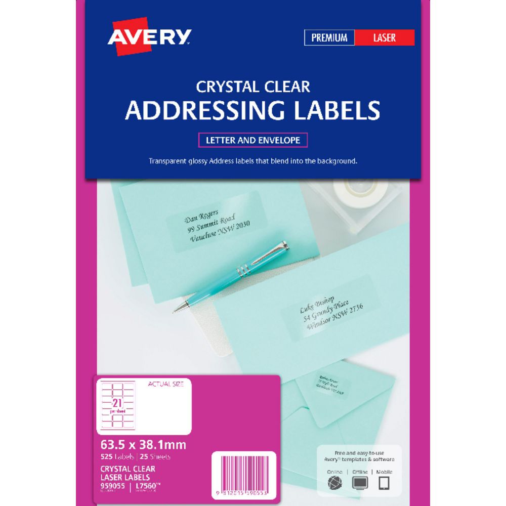 Avery Laser Addressing Labels Clear 25 Sheets 21 Per Page