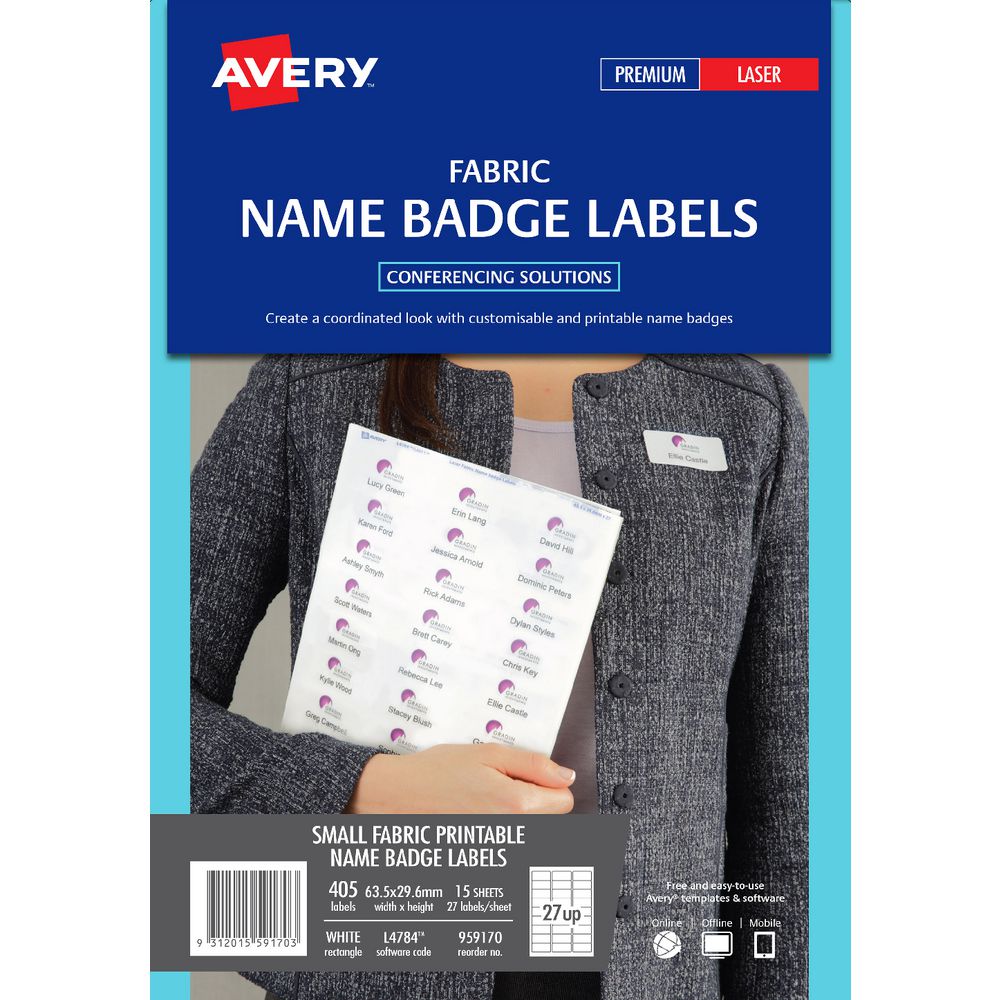 Avery Fabric Laser Name Badge Labels 15 Sheets 27 Per Page